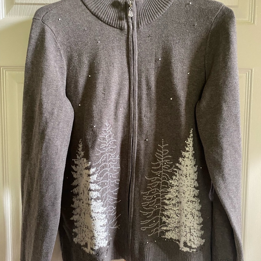 Christopher Banks Embroidered/Hand Beaded Zip Front Holiday Sweater Size Large